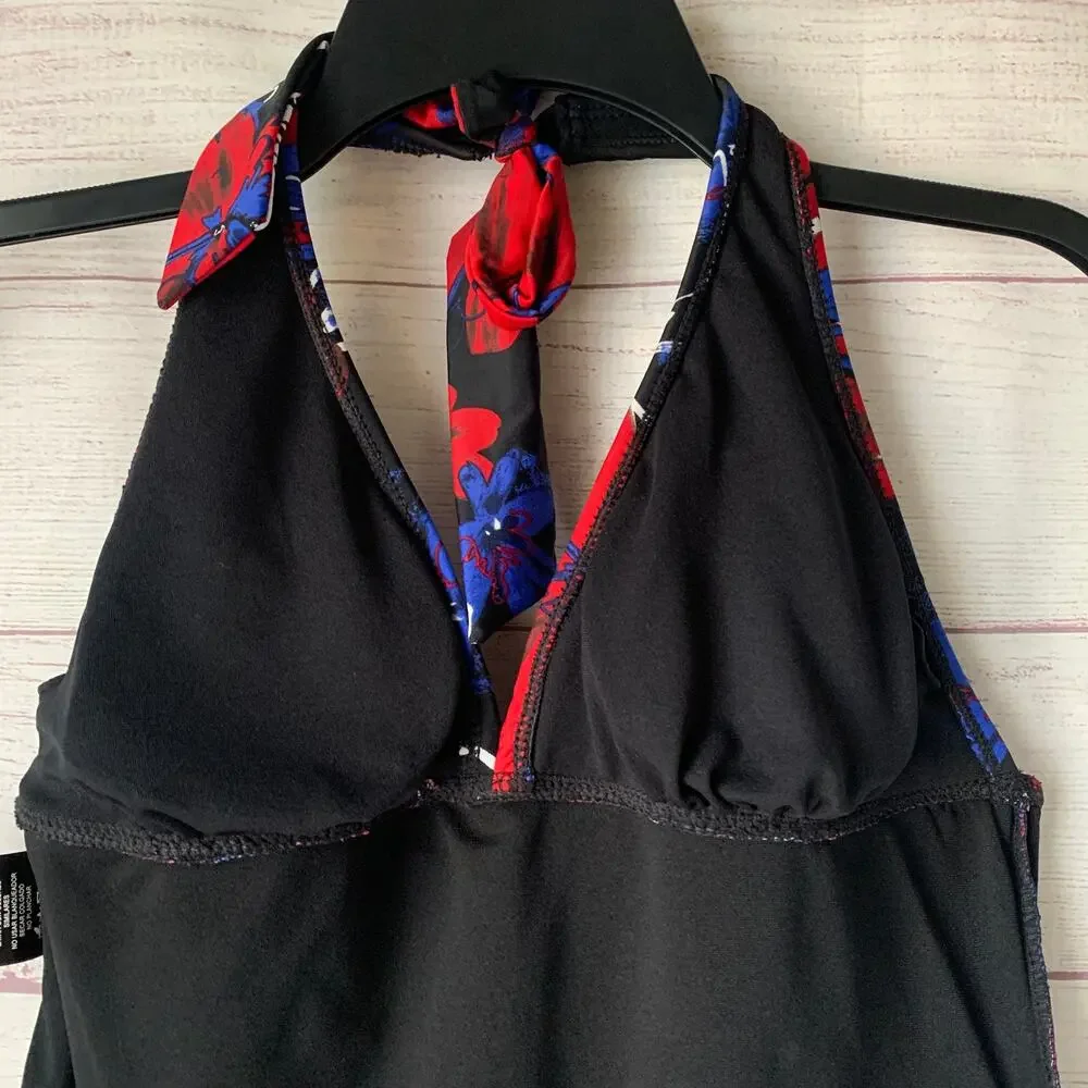 Catalina Floral Halter Tankini Swimsuit Top Red White Blue Size S (4-6)